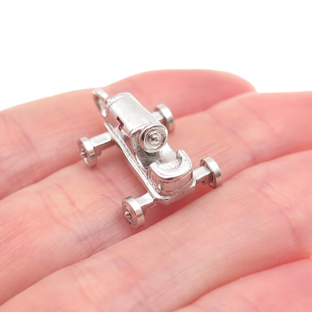 Wells Sterling Silver Vintage Enamel Number 7 Retro Racing Car 3D Mini Pendant